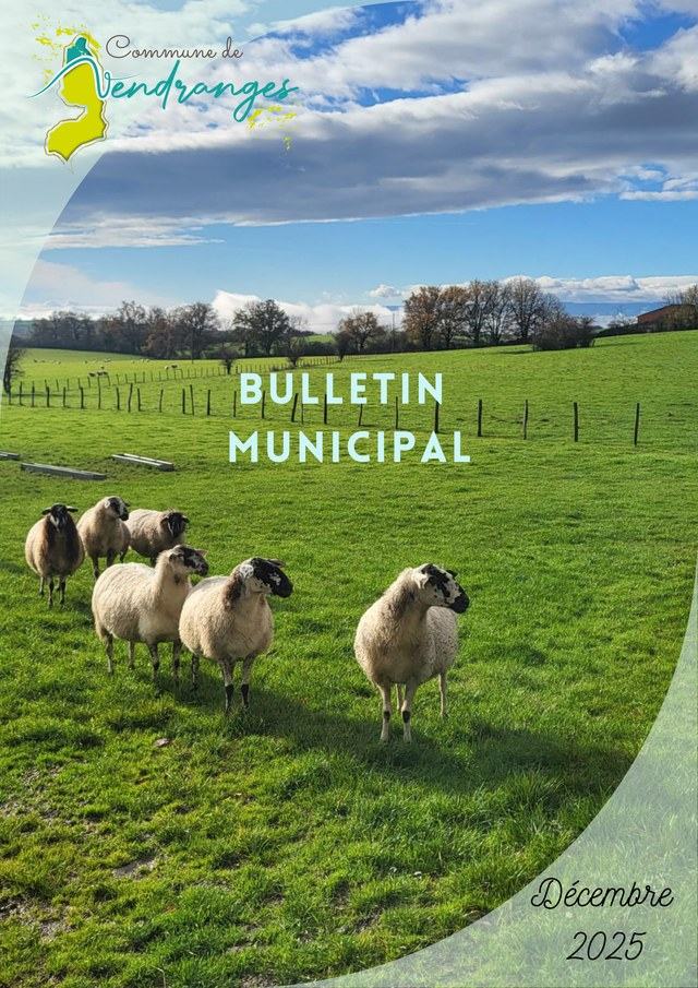 Couverture du bulletin municipal de Vendranges de décembre 2025 : des moutons dans un pré en premier plan, logo de la commune en haut à gauche, titre « Bulletin municipal ».