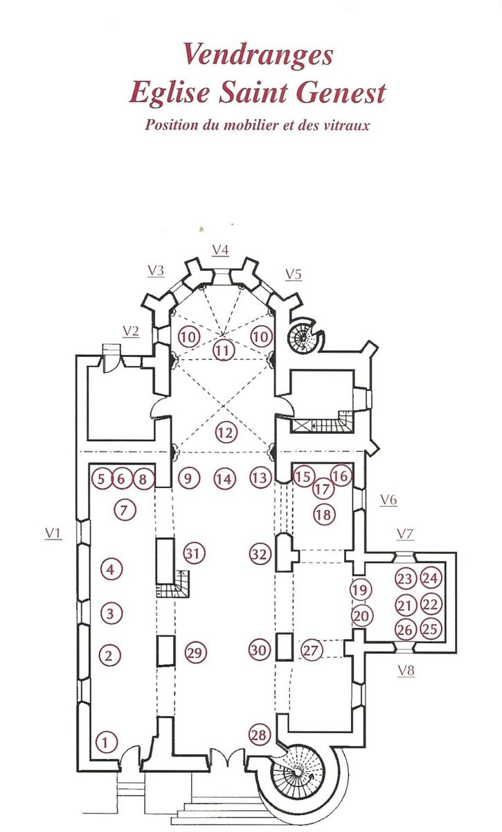 Plan de l'église Saint-Genest de Vendranges indiquant la position numérotée des 32 éléments de mobilier et des 8 vitraux (V1 à V8).
